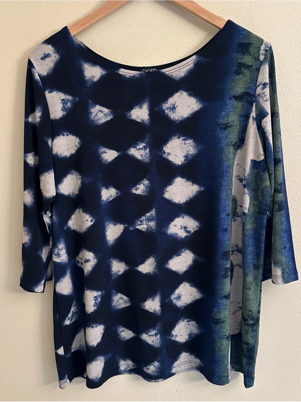 Clara Sun Woo Blue Geometric Stretch Top Blouse 3/4 Sleeves Size M